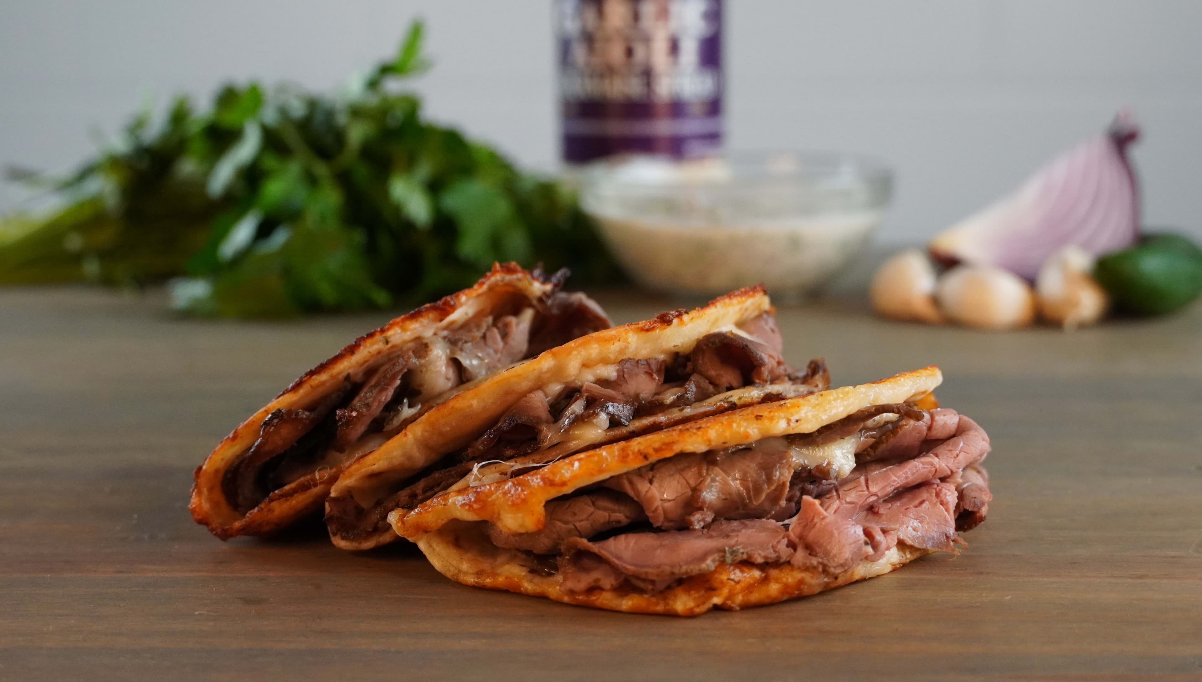 BuenAsado Chimichurri Roasted Beef Costra de Queso Quesadilla