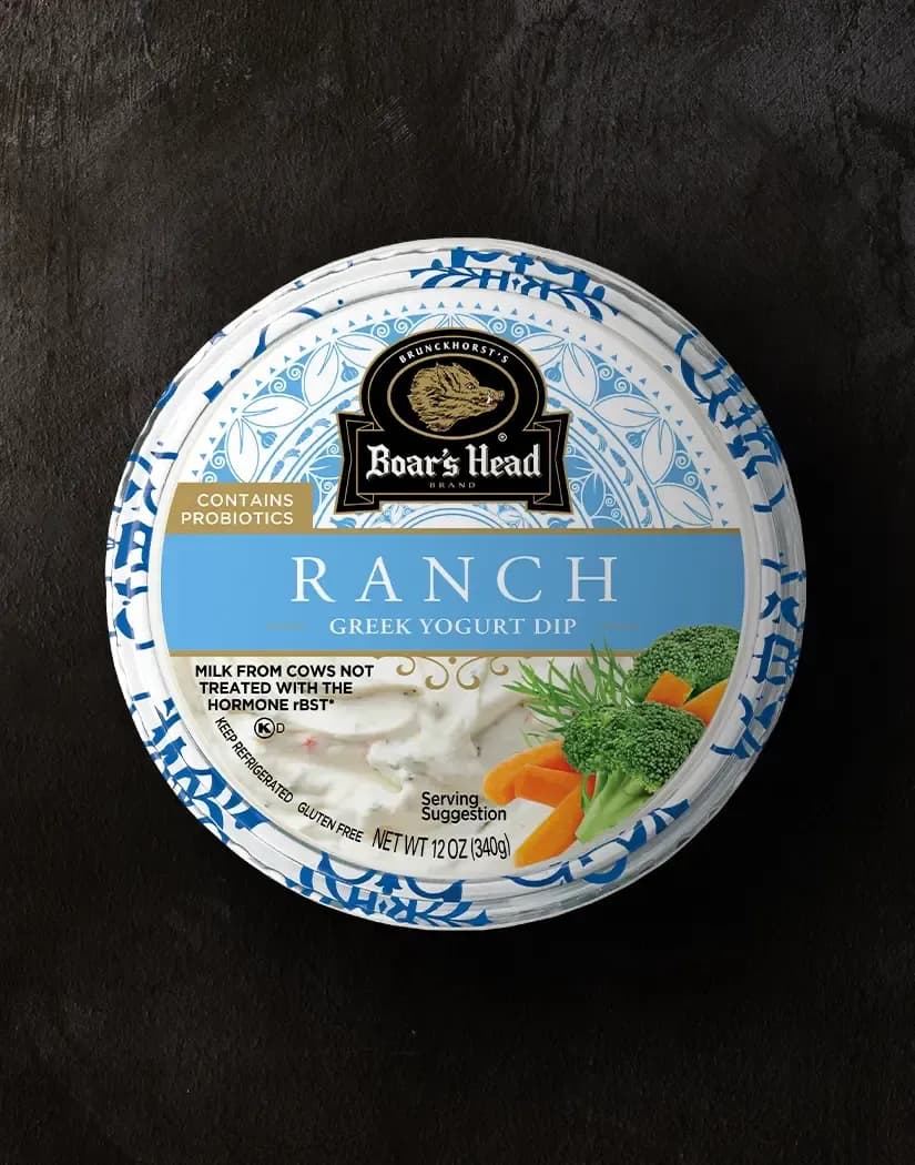 The Boar's Head® Ranch Greek Yogurt Dip sits on a slate background.
