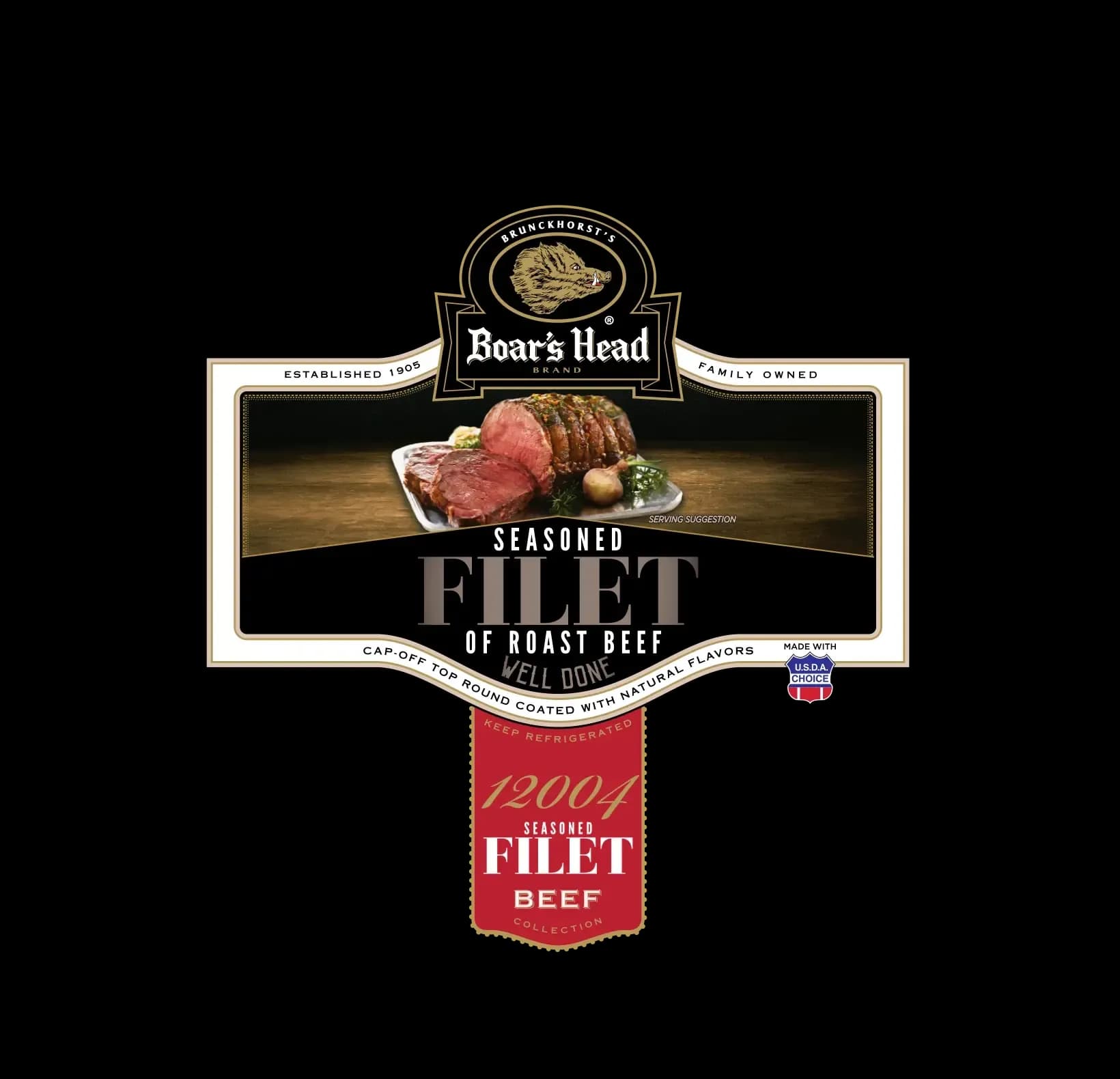 The label for The Boar's Head® Seasoned Filet of Roast Beef - Well Done.