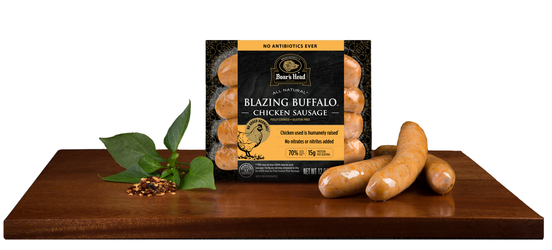 View of Blazing Buffalo® All Natural* Chicken Sausage Packaging
