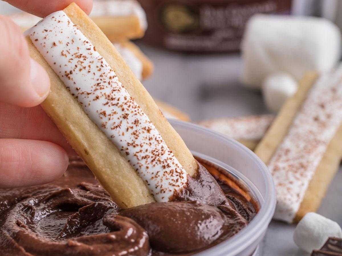 Dark Chocolate Dessert Hummus with Cinnamon Marshmallow Iced Shortbread