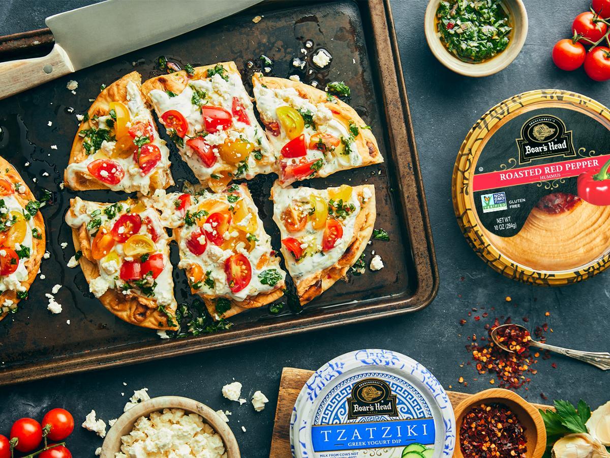 Roasted Red Pepper Hummus & Tzatziki Flatbread Recipe Boar's Head